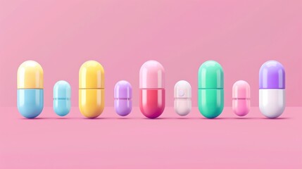 Set of color medical pills. 3d vector icon. Cartoon minimal style. Medical capsule and drugs. Healthcare and medicine concept. --ar 16:9 --style raw Job ID: f2a45beb-8d12-41f2-b5e0-85842792ef74