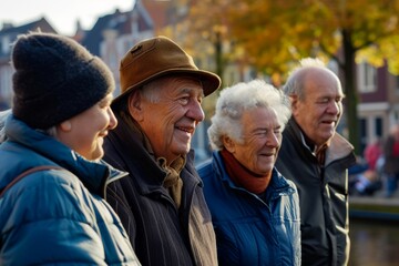 A group of senior people walking in the streets of Amsterdam.
