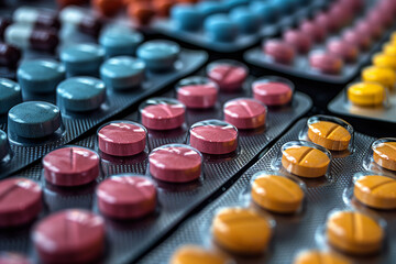 A close-up shot of various pills and tablets in pill packaging. The background is blurred to emphasize the foreground elements. Bright colors