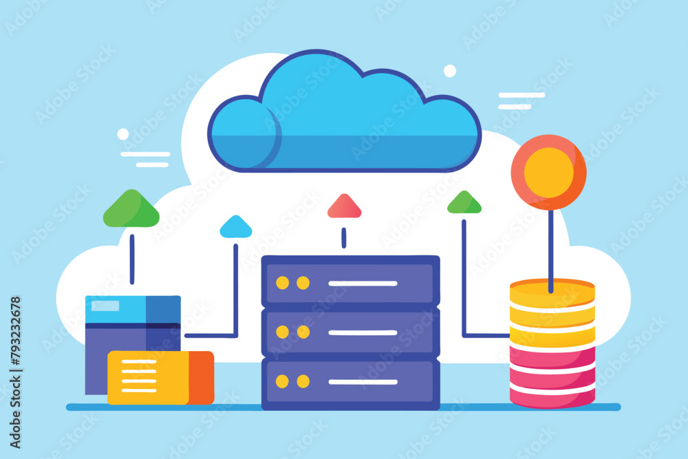 Poster a stack of data being transferred to a cloud storage system, move data to cloud storage storage, sim