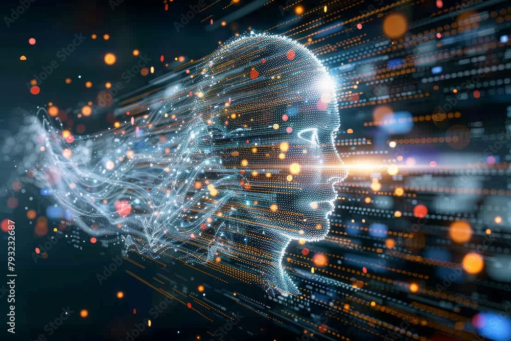 Fototapete Envisioning the Digital Mind: An AI Neural Network Interfaced with Data and Binary Code, Symbolizing the Frontier of Cognitive Computing, Generative AI
