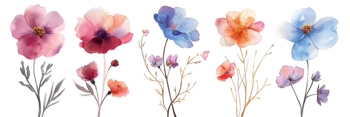 A watercolor floral illustration set featuring field flowers, suitable for nature-themed designs and decorations.