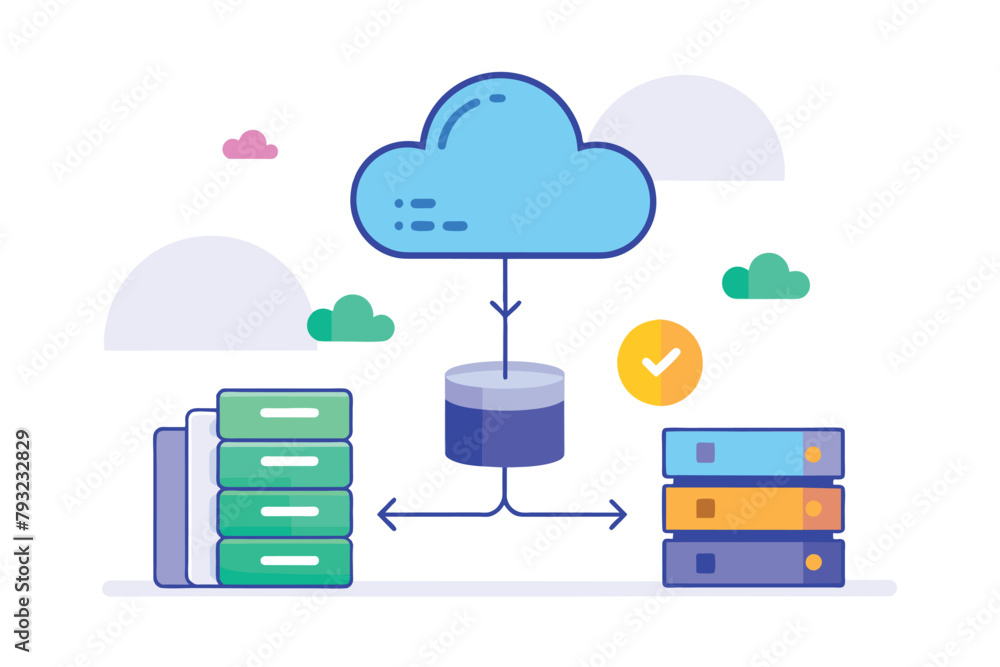 Poster a stack of books with a cloud symbol featuring a check mark, indicating successful data transfer to 