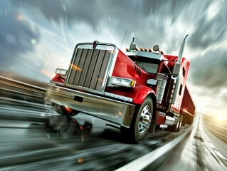 A commercial semi truck transporting on a highway. Motion blur