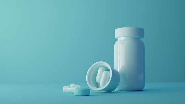 Pills. Abstract 3d illustration two capsule pills near bottle isolated on blue background. Medical, pharmacy, health, vitamin, antibiotic, pharmaceutical, treatment concept
