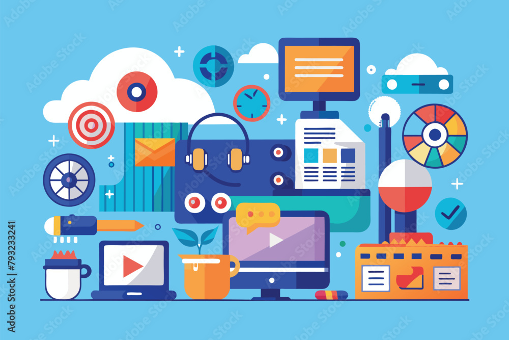 Poster various objects displayed on a vibrant blue background, creating a colorful and dynamic composition,