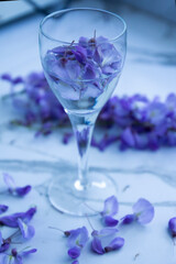 glasses with water and purple flower called lilac flowers