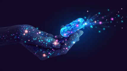 An illustration of a capsule pill and molecules held in a hand, conveying a health care vector concept. This banner features a low poly vector representation of a starry sky or cosmos. - obrazy, fototapety, plakaty