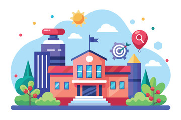 A building with a flag flying over it, while a balloon floats in the sky, Multimedia school trending, Simple and minimalist flat Vector Illustration