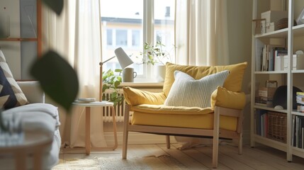 Cozy minimalist reading nook with yellow armchair and natural light - obrazy, fototapety, plakaty