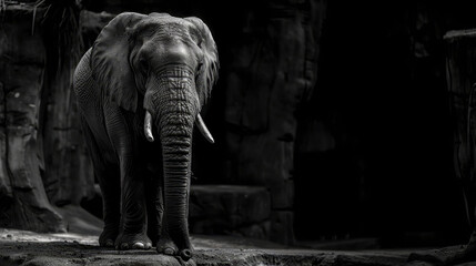   A black-and-white image of an elephant against a dark backdrop, surrounded by rocks and a solitary tree in the distance