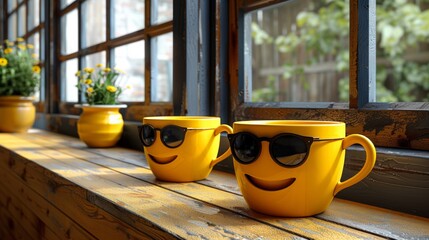 Two yellow coffee mugs with smiling faces on them sitting next to a window, AI