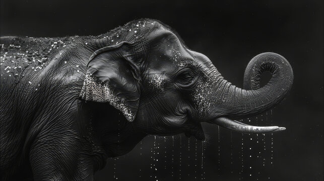   A black-and-white image of an elephant spraying water on its face using its tusks