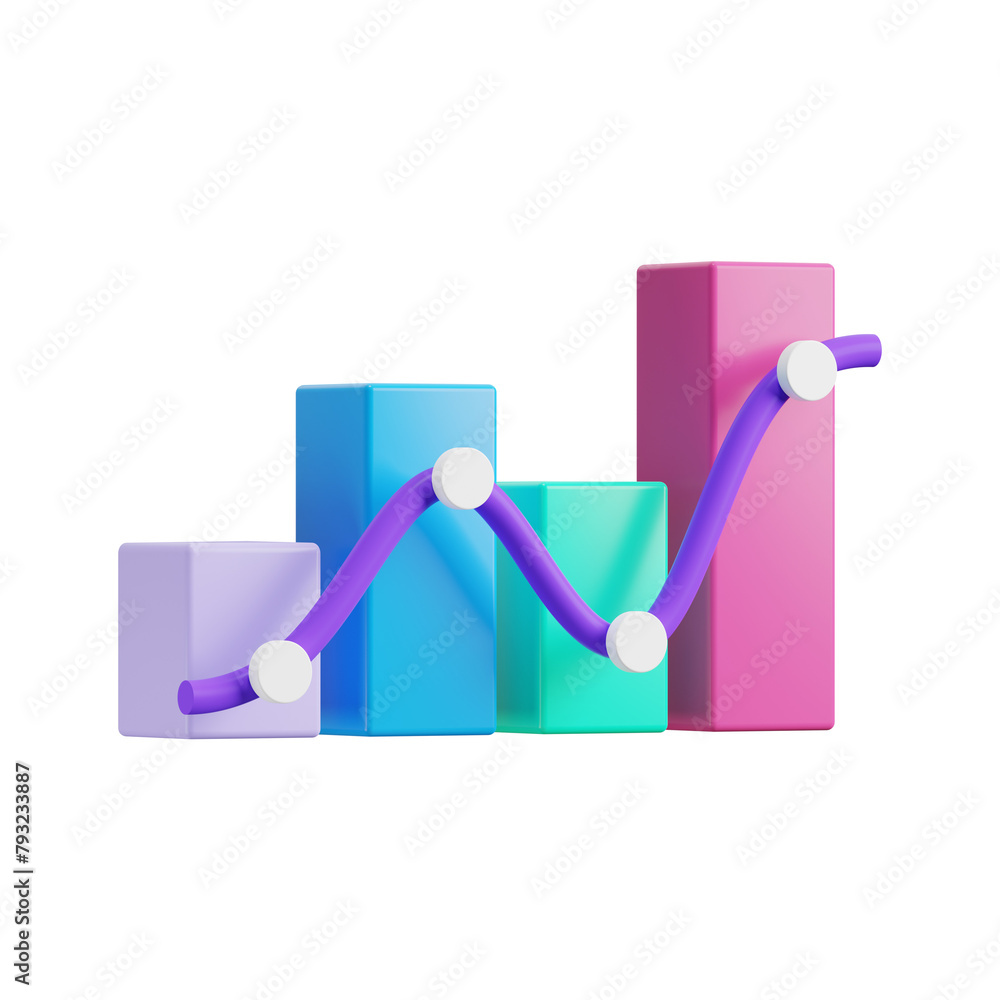 Aufkleber column chart with curve, 3d icon. 3d object on a transparent background