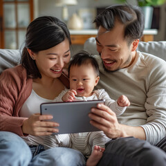 Happy parents, having fun, using laptop, holding cute little baby child sitting on couch