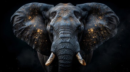   A tight shot of an elephant's face, covered in gold dust, adorning its wrinkled skin and curved tusks
