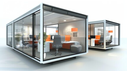 Two Office Cubicles With Chairs and Desks