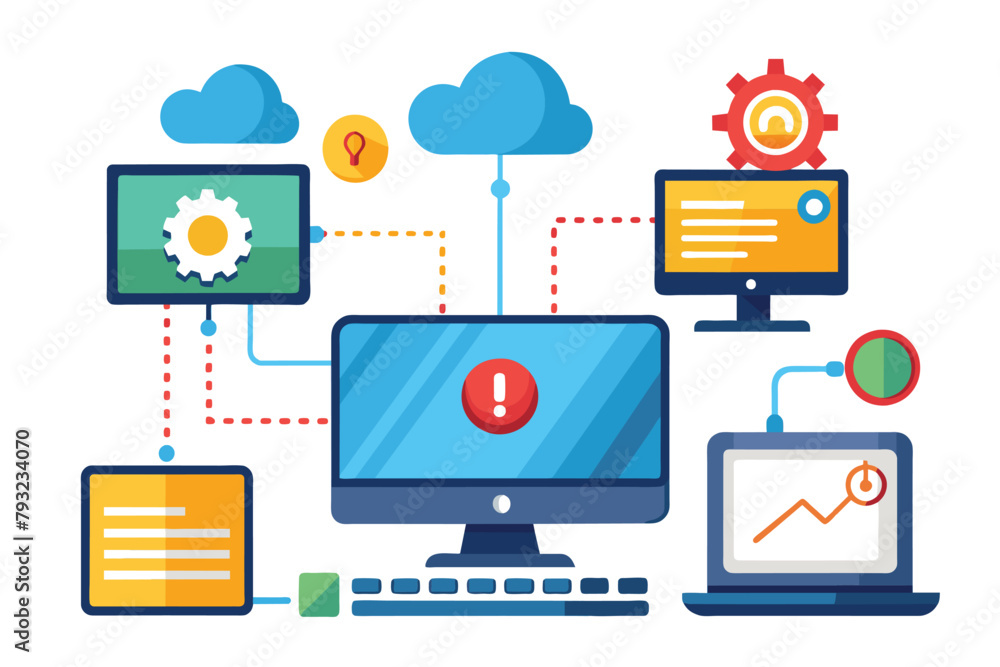 Poster a computer screen with different devices including a keyboard, mouse, phone, and tablet placed aroun