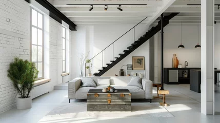 Foto op Canvas Bright and airy Scandinavian loft featuring exposed white brick walls, large windows, and modern furnishings © Georgii