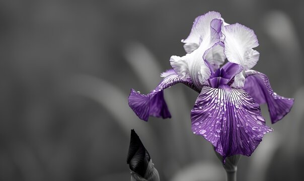 a monochromatic, minimalist, abstract image of an iris flower, an accent purple colour, show the contrast between black and white, with in pops of a single bright hue