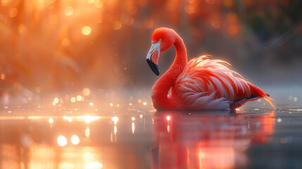 Morning light sea water Greater Flamingo