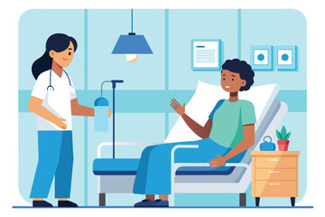 A nurse engages in conversation with a patient lying in a hospital bed, nurse talking to patient in hospital room, Simple and minimalist flat Vector Illustration