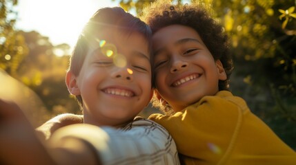 Best friends take a selfie together - young happy boys