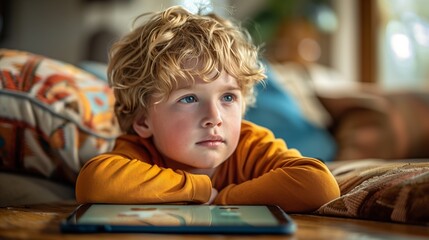 Little boy on his tablet at a desk