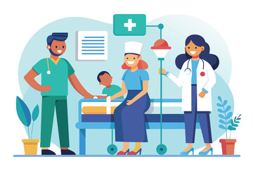 Group of People Standing Around Hospital Bed, nurse with patient and medical staff in hospital, Simple and minimalist flat Vector Illustration