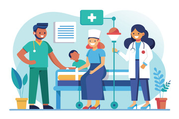 Obraz premium Group of People Standing Around Hospital Bed, nurse with patient and medical staff in hospital, Simple and minimalist flat Vector Illustration