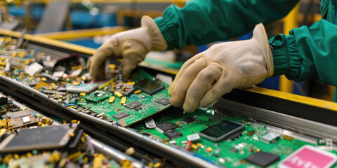 Garbage sorting and recycling concept. An employee is working on the conveyor for recycling and sorting garbage. Electronic waste, circuit boards, broken cell phones, screens and computers