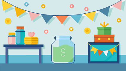 A colorful banner strung across a bedroom wall signaling a childs savings goal success with decorated jars and envelopes displayed on a nearby - obrazy, fototapety, plakaty