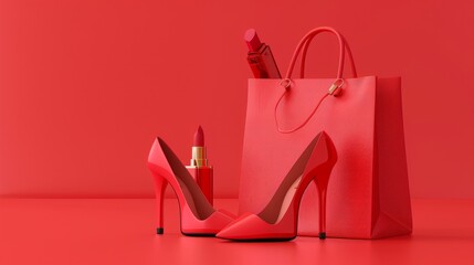 A stylish fashion ensemble featuring a shopping bag filled with accessories like high heels and lipstick