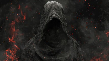 Gloomy background with hooded figure, black cloak, danger, spooky atmosphere, darkness.