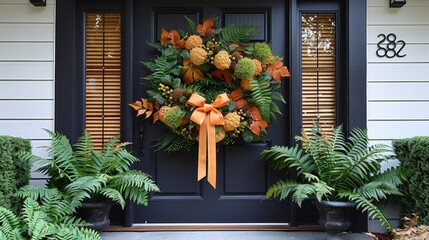   A wreath adorns the front door of the house, sporting an assortment of orange and green flowers The door is further embellished with a bow - obrazy, fototapety, plakaty