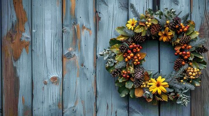 Fototapeta na wymiar A wreath adorns a wooden fence, featuring pine cones, berries, and more pine cones up front