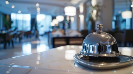 A service bell sits on a reflective white glass table, set against a simulated hotel backdrop