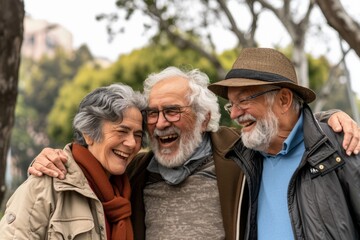 Senior couple laughing together in the park. Old people lifestyle concept.