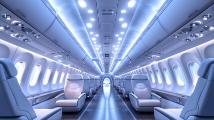 The interior of a passenger aircraft captured in full light, showcasing an empty salon view