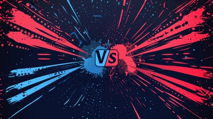 Vs icon or versus text game poster for battle or fight match contest vector flat cartoon, team competition compare design with halftone red and dark blue background backdrop frame template