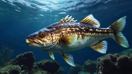 Cod Swimming Hunting For Food In Its Natural Habitat Underwater Photography Style 300 PPI High Resolution Image