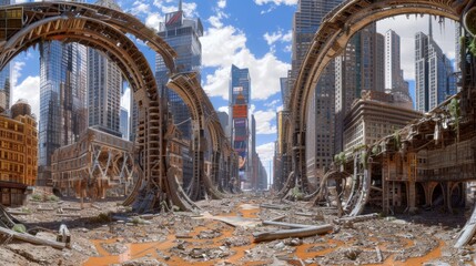 Devastated urban scene of collapsed city, aftermath of apocalypse, apocalyptic destruction.