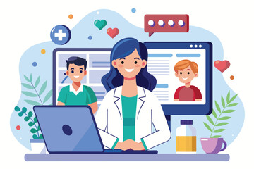 Woman Sitting in Front of Laptop Computer, online consultations with doctors and pharmacy services, Simple and minimalist flat Vector Illustration
