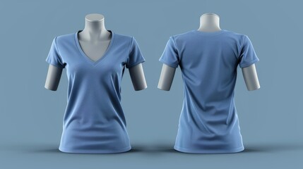 Women's t-shirt with a v-neck mockup, displaying front and back views. This design presentation is intended for print purposes, rendered in 3D illustration for a realistic portrayal. - obrazy, fototapety, plakaty