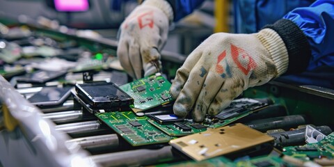 Garbage sorting and recycling concept. An employee is working on the conveyor for recycling and sorting garbage. Electronic waste, circuit boards, broken cell phones, screens and computers