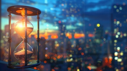 An evocative image of an hourglass with sand running through it, set against a blurred cityscape during twilight - obrazy, fototapety, plakaty