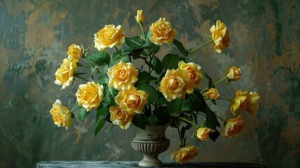 A stunning bouquet of artificial yellow rose flowers sits elegantly in a vase on a table offering a perfect backdrop for text or doodles The intricate texture of the background resembles a 