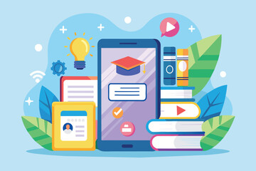 Smartphone Surrounded by Books and Light Bulb, online courses and tutorials via mobile, Simple and minimalist flat Vector Illustration - obrazy, fototapety, plakaty