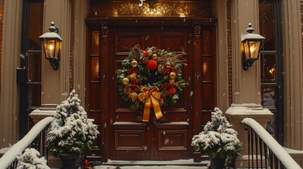 Fototapeta na wymiar A wreath adorns the front door, nestled amidst a snowy landscape, with Christmas decorations enhancing its beauty