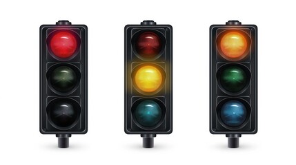 A photo-realistic vector illustration of traffic lights with all three colors lit, isolated on a white background